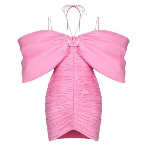 RASARIO Bow Embellished Draped Off the Shoulder Pink Linen Mini Dress Size 2 - Picture 3 of 13